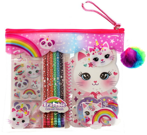 Ens. Carnet et crayons couleur effaçables Chat licorne