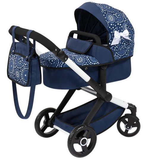 Poussette pour poupée Xeo bleue avec motifs blancs