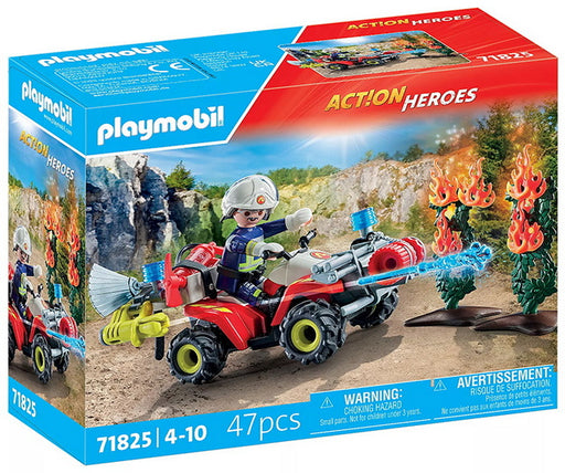 Pompier avec quad et arbustes enflammés