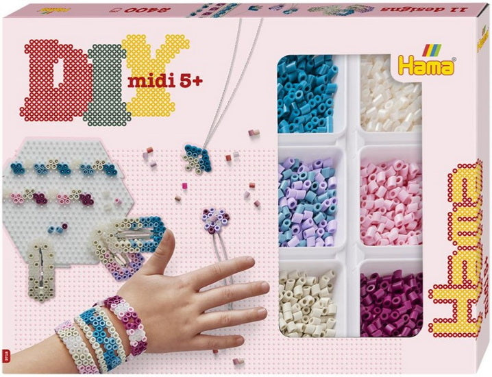 Hama Boîte d'activité. Env. 2400 perles, 1 plaque moyenne hexagonale et accessoires.