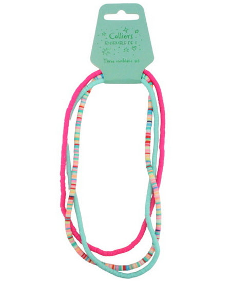Ens. 3 colliers bleu rose et multicolore