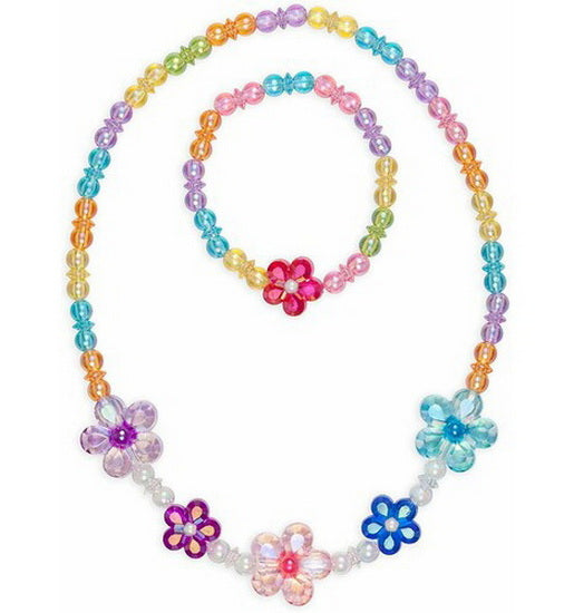 Ens. Collier et bracelet multicolore à fleurs